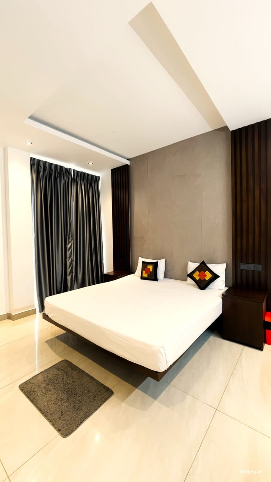 A double bed with white linen and a dark headboard panel