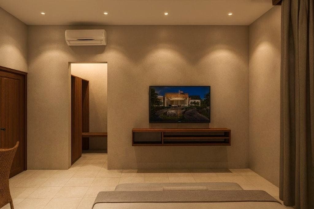 A room with a wall-mounted TV and air conditioning