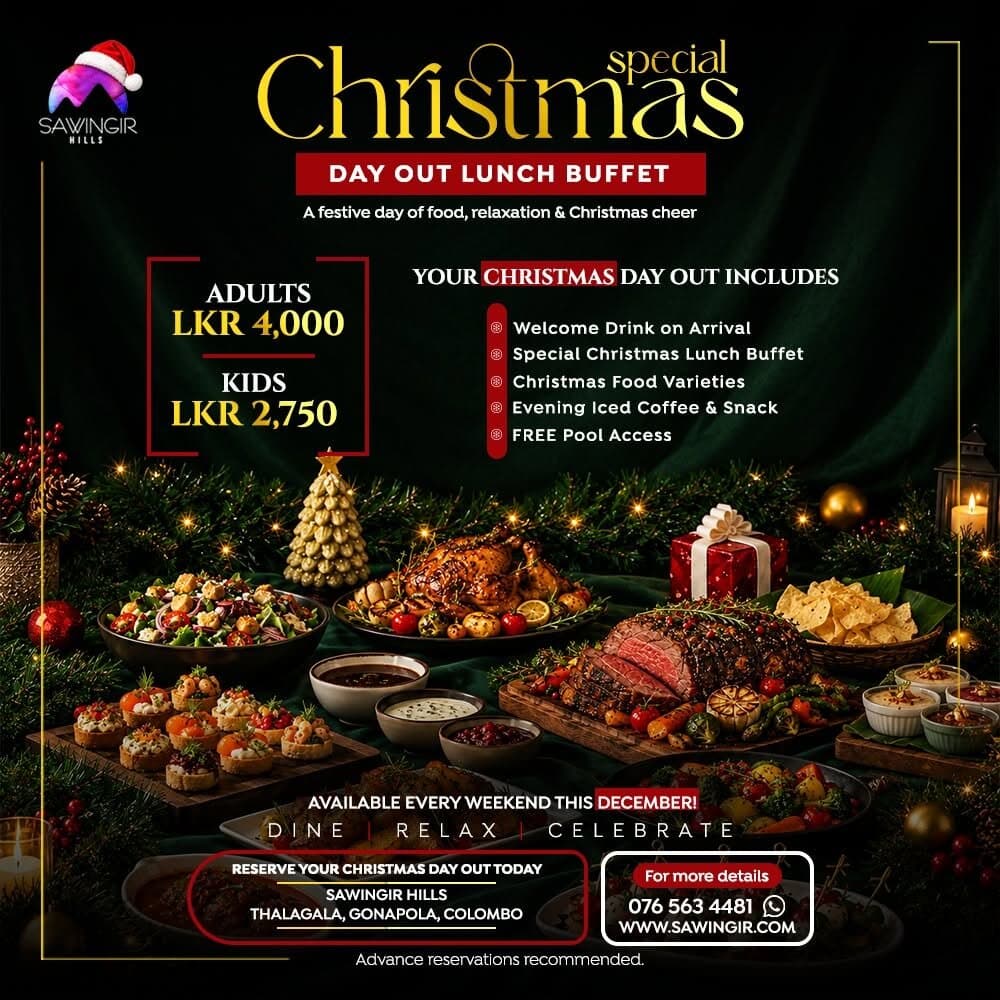 Poster for the Special Christmas Day Out Lunch Buffet: every weekend in December, adults LKR 4,000, kids LKR 2,750